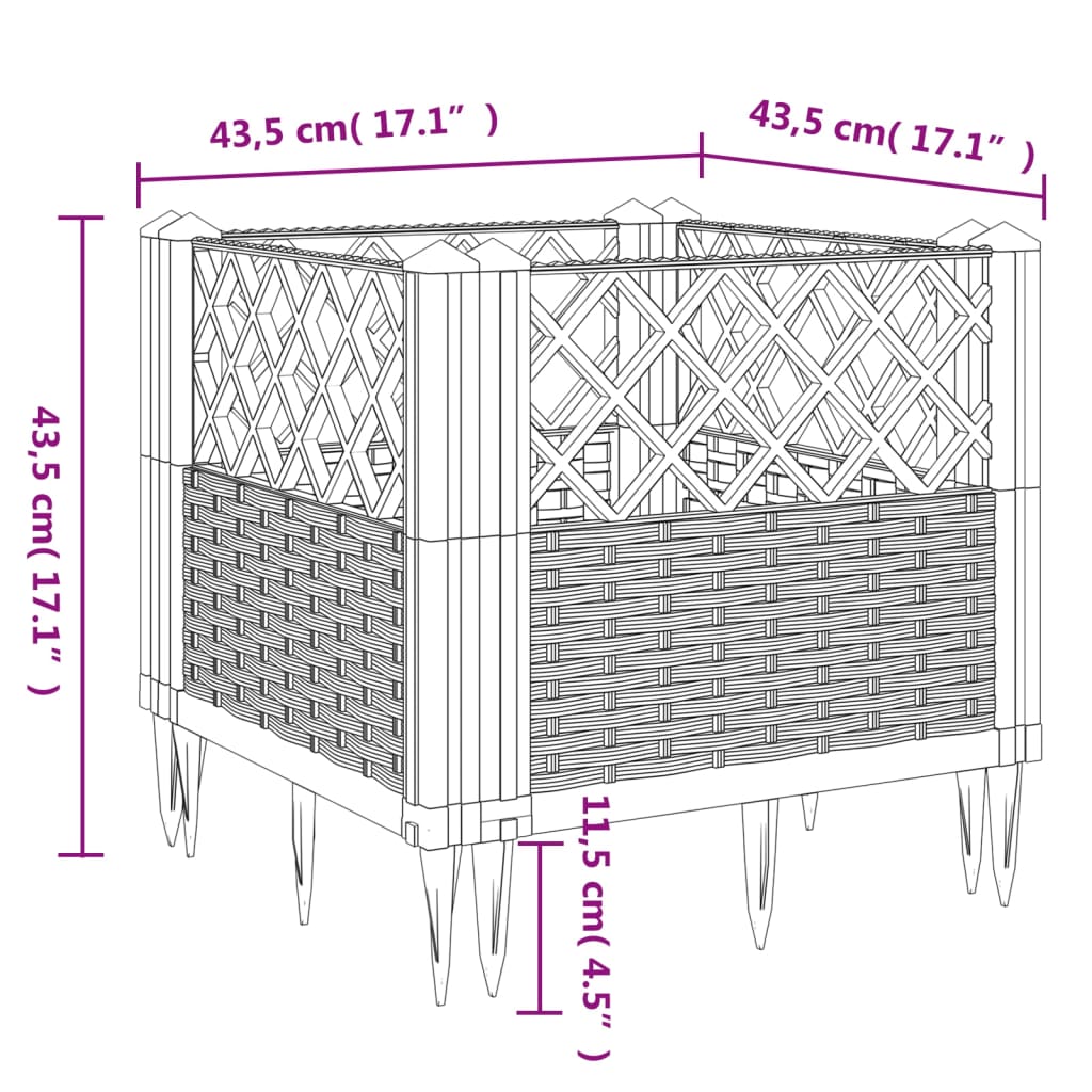 Vaso/floreira de jardim c/ estacas 43,5x43,5x43,5cm PP castanho