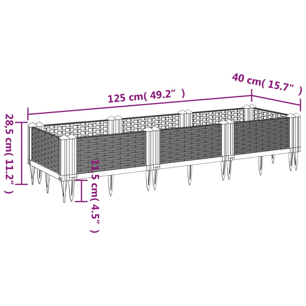 Vaso/floreira de jardim c/ estacas 125x40x28,5 cm PP preto