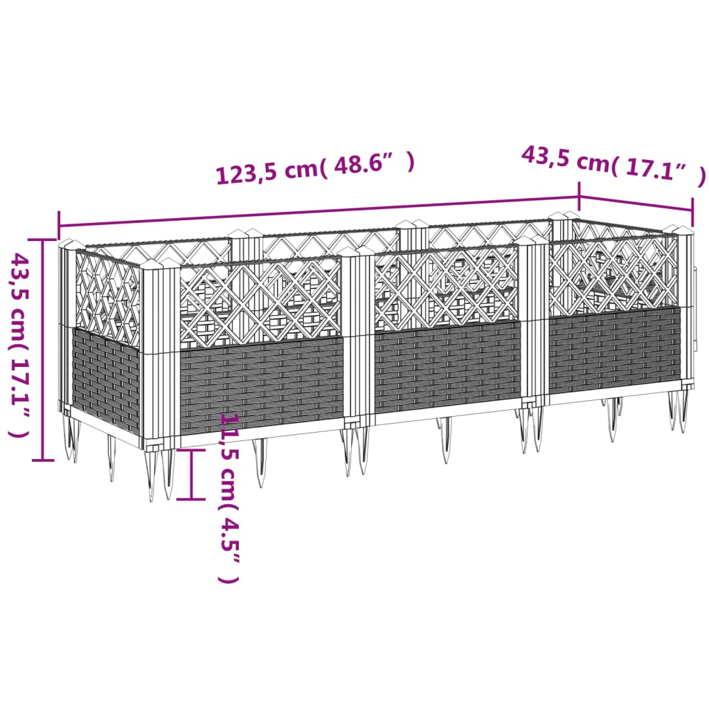 Vaso/floreira jardim c/ estacas 123,5x43,5x43,5 cm cinza-claro