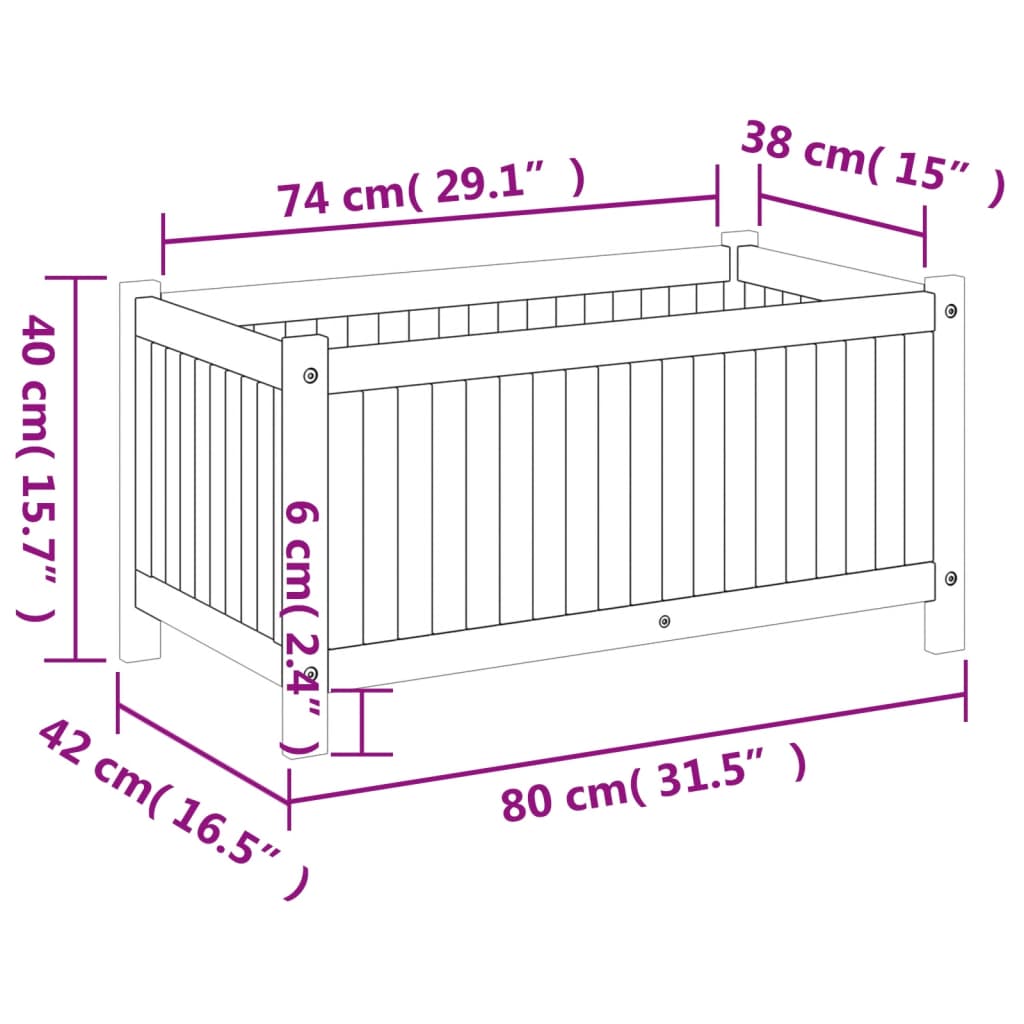 Vaso/floreira de jardim com forro 80x42x40 cm acácia maciça