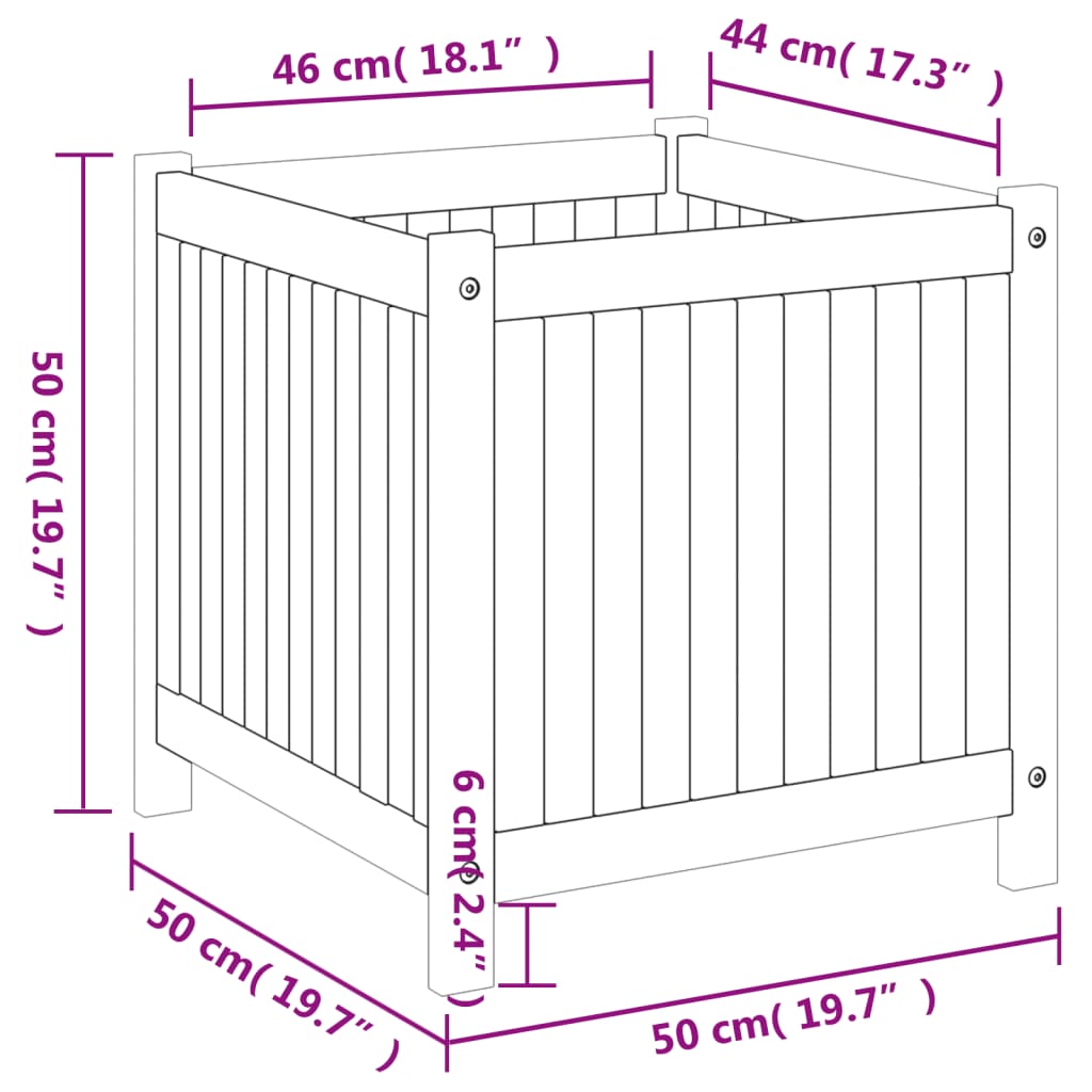 Vaso/floreira de jardim com forro 50x50x50 cm acácia maciça