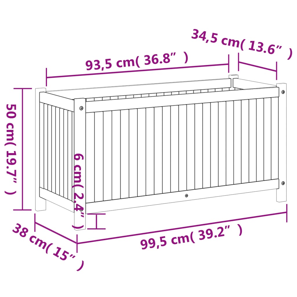 Vaso/floreira de jardim com forro 99,5x38x50 cm acácia maciça