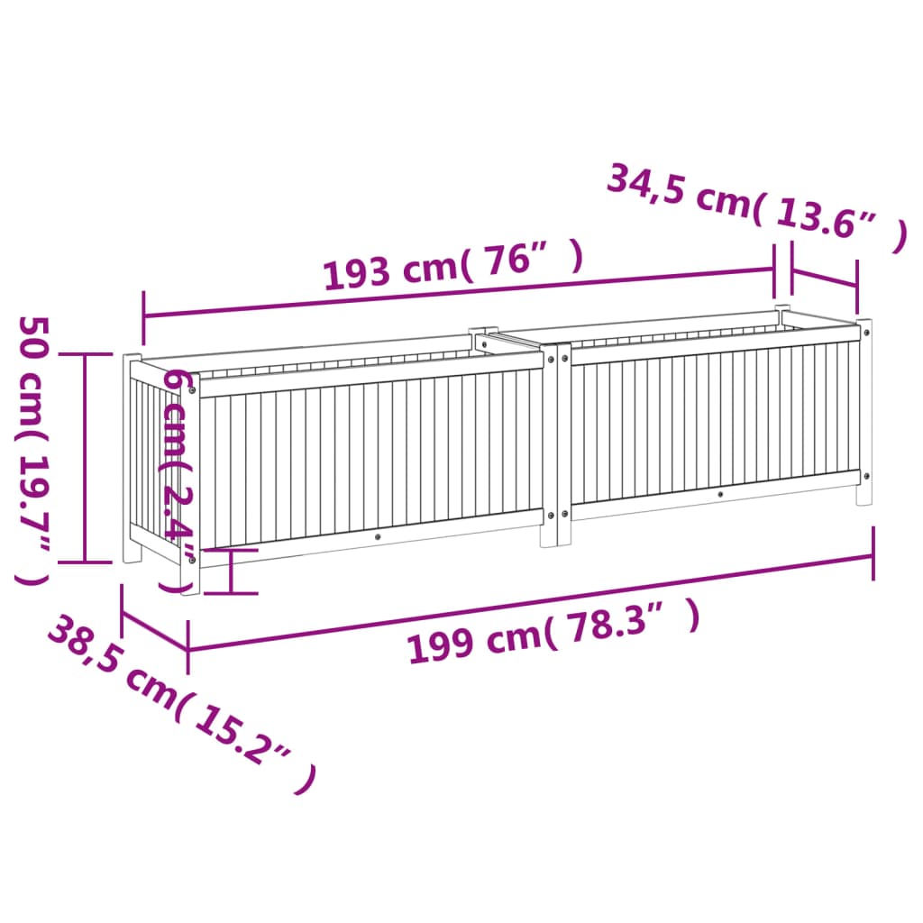 Vaso/floreira de jardim com forro 199x38,5x50 cm acácia maciça