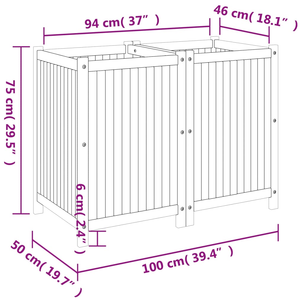 Vaso/floreira de jardim com forro 100x50x75 cm acácia maciça