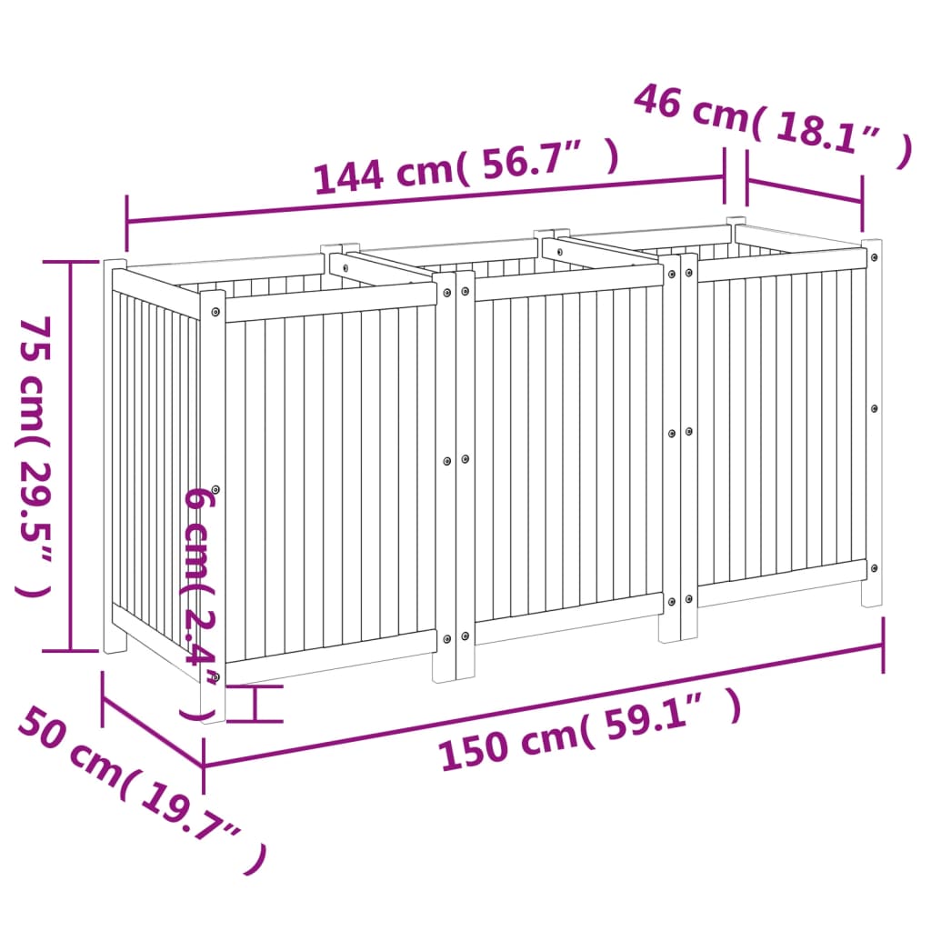 Vaso/floreira de jardim com forro 150x50x75 cm acácia maciça