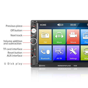 Rádio automotivo duplo 7 polegadas estéreo Bluetooth USB TF FM AUX MP5 player com câmera