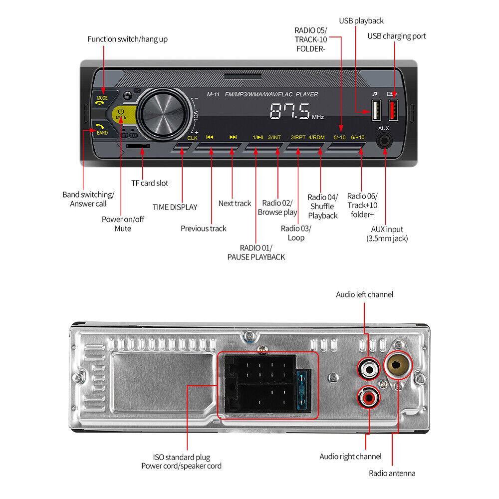 Rádio para automóvel com Bluetooth FM mãos-livres USB TF AUX MP3 1 DIN Player