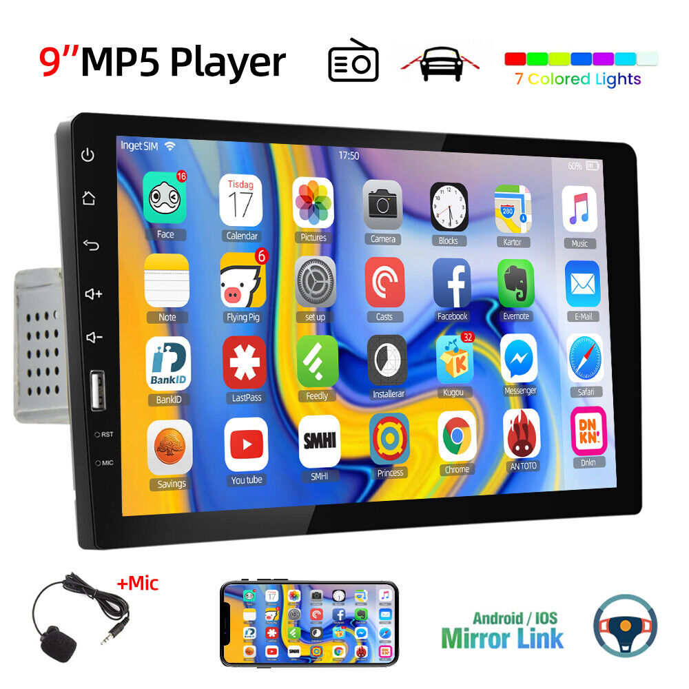 Auto-rádio 1 DIN com Bluetooth 9 polegadas HD touchscreen USB FM para Android/iOS + MIC