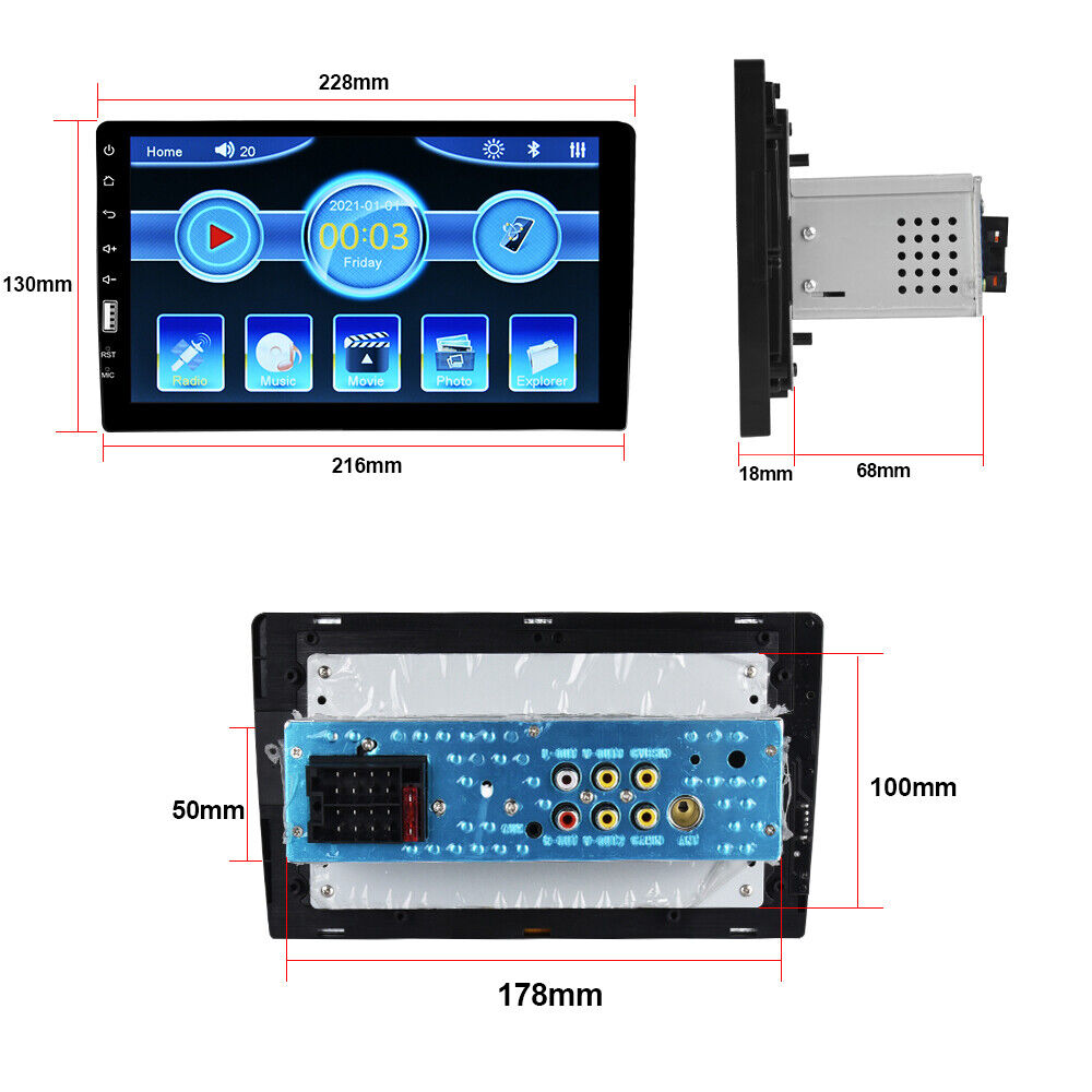 Auto-rádio 1 DIN com Bluetooth 9 polegadas HD touchscreen USB FM para Android/iOS + MIC