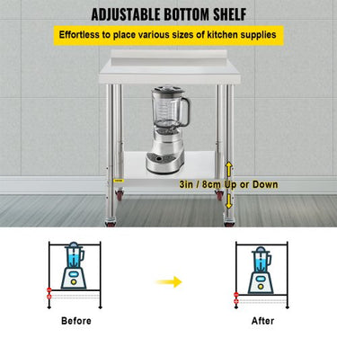 Mesa de preparação de trabalho de aço inoxidável Mesa de trabalho de cozinha 24' x 24' com 4 rodas
