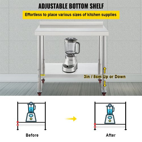 Mesa de trabalho mesa de aço inoxidável mesa de aço inoxidável com prateleira regulável em altura mesa de cozinha com 4 rodas universais