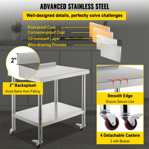 Mesa de trabalho mesa de aço inoxidável mesa de aço inoxidável com prateleira regulável em altura mesa de cozinha com 4 rodas universais