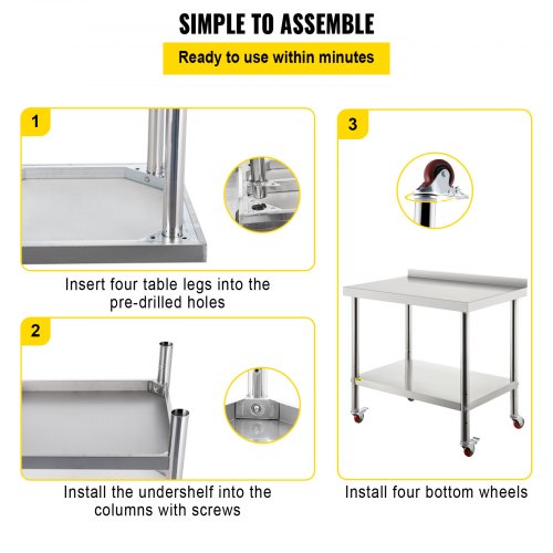 Mesa de trabalho mesa de aço inoxidável mesa de aço inoxidável com prateleira regulável em altura mesa de cozinha com 4 rodas universais