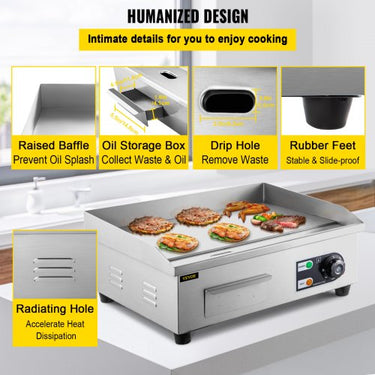 Placa para fritar , placa para grelhar elétrica 2500 W placa para grelhar ferro fundido em aço inoxidável, placa gastro para controle preciso de tempe