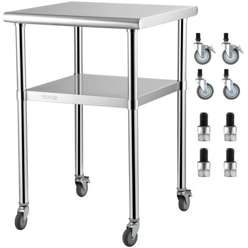 Mesa comercial de aço inoxidável 61 x 61 x 91,4 cm, mesa de trabalho rolável de duas camadas Mesa de desmontagem Gastro 181,4 kg + 91 kg