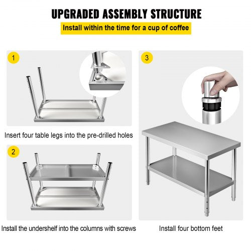 Mesa comercial de aço inoxidável 122 x 61 x 86 cm, mesa de trabalho de duas camadas em aço inoxidável, mesa de corte, capacidade de carga gastro 150 k