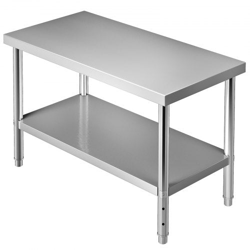 Mesa comercial de aço inoxidável 122 x 61 x 86 cm, mesa de trabalho de duas camadas em aço inoxidável, mesa de corte, capacidade de carga gastro 150 k