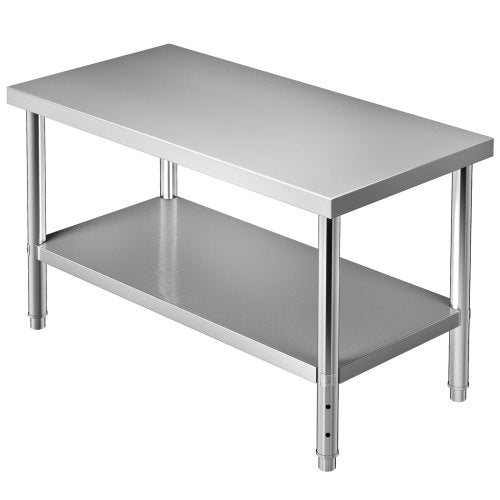 Mesa comercial de aço inoxidável 122 x 76 x 86 cm, mesa de trabalho de duas camadas em aço inoxidável