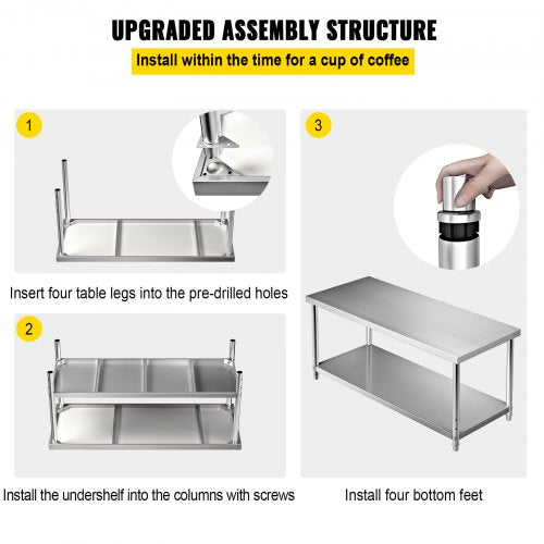 Mesa comercial de aço inoxidável 183 x 76 x 86 cm, mesa de trabalho de duas camadas em aço inoxidável