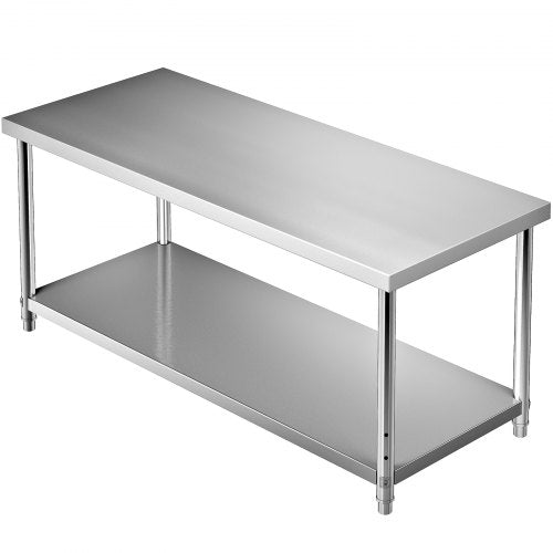 Mesa comercial de aço inoxidável 183 x 76 x 86 cm, mesa de trabalho de duas camadas em aço inoxidável