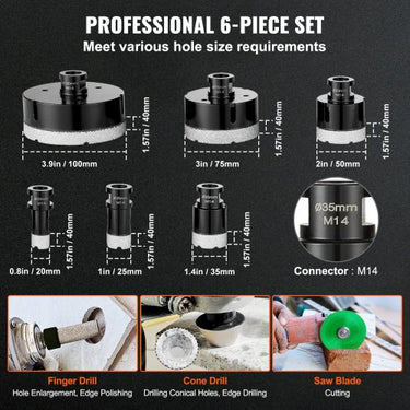 Kit de Brocas de Diamante  6 Peças com Serra Copo e Maleta