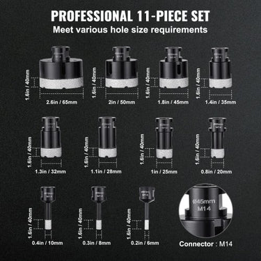 Conjunto Completo de Brocas de Diamante  11 Peças para Perfurações Versáteis