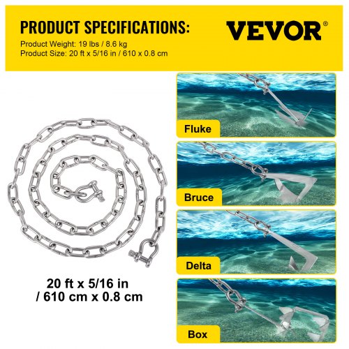 Corrente de âncora 7,9 mm x 6 m corrente de âncora de prancha manilha de aço inoxidável para pranchas