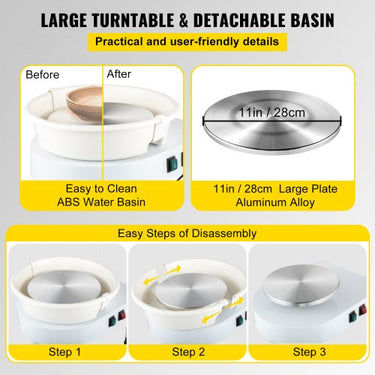 Roda de olaria 28cm 450W Roda de olaria elétrica branca com pedal, mini roda de olaria com base giratória de bacia removível