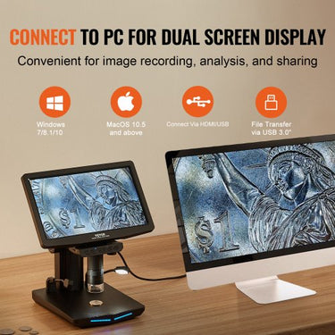 Microscópio digital com tela HD de 26 cm Ampliação de 10X-1300X microscópio de luz refletida Microscópio USB 8 LED, 2 milhões de pixels