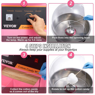 Máquina de algodão doce tampa de dispositivo de algodão doce de aço inoxidável 1kW rosa portátil