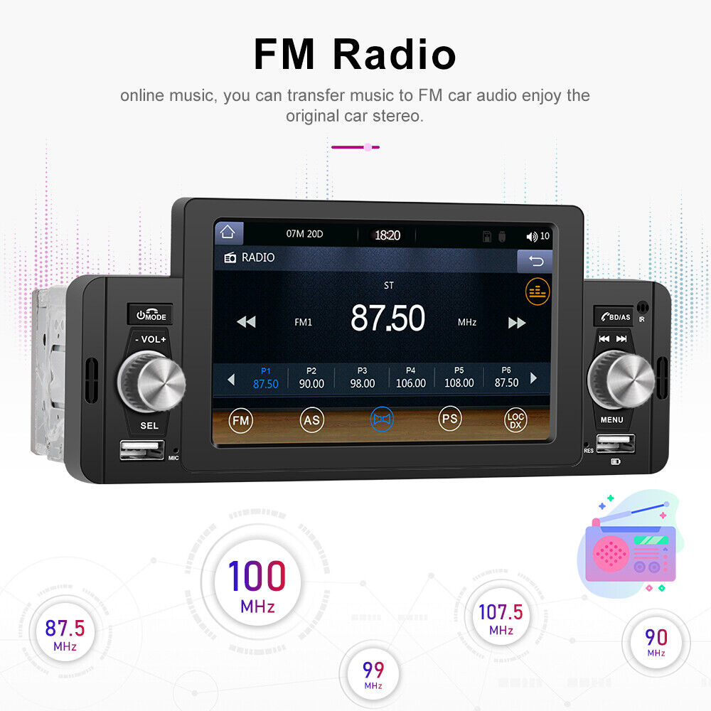 Rádio para automóvel 1Din 5" com Apple Carplay/AndroidTouchscreen Bluetooth FM