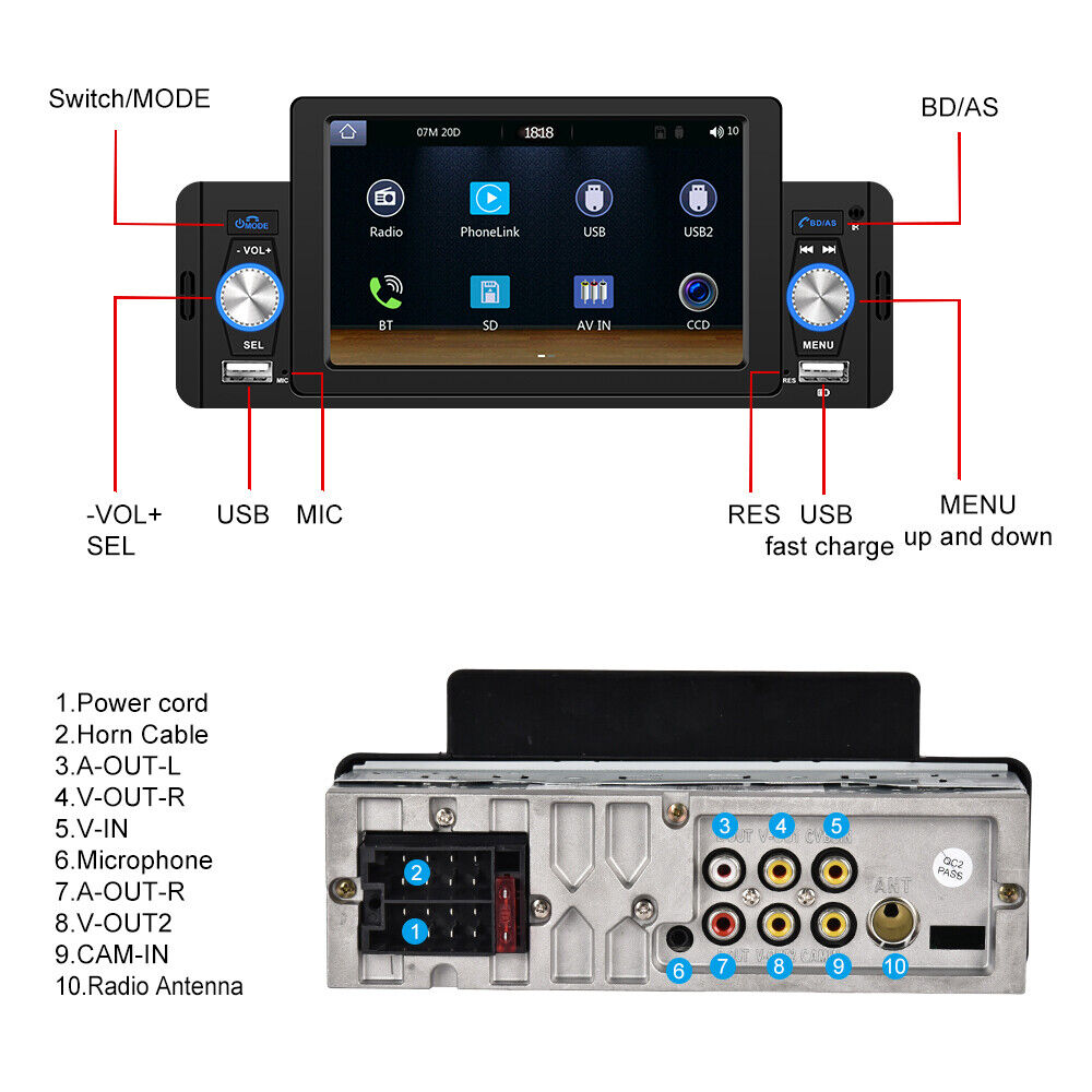 Rádio para automóvel 1Din 5" com Apple Carplay/AndroidTouchscreen Bluetooth FM