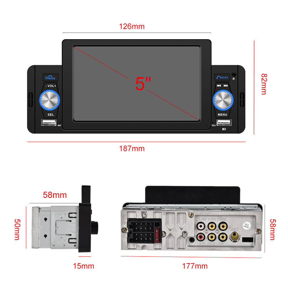 Rádio para automóvel 1Din 5" com Apple Carplay/AndroidTouchscreen Bluetooth FM