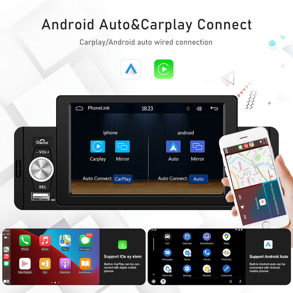 Rádio para automóvel 1Din 5" com Apple Carplay/AndroidTouchscreen Bluetooth FM