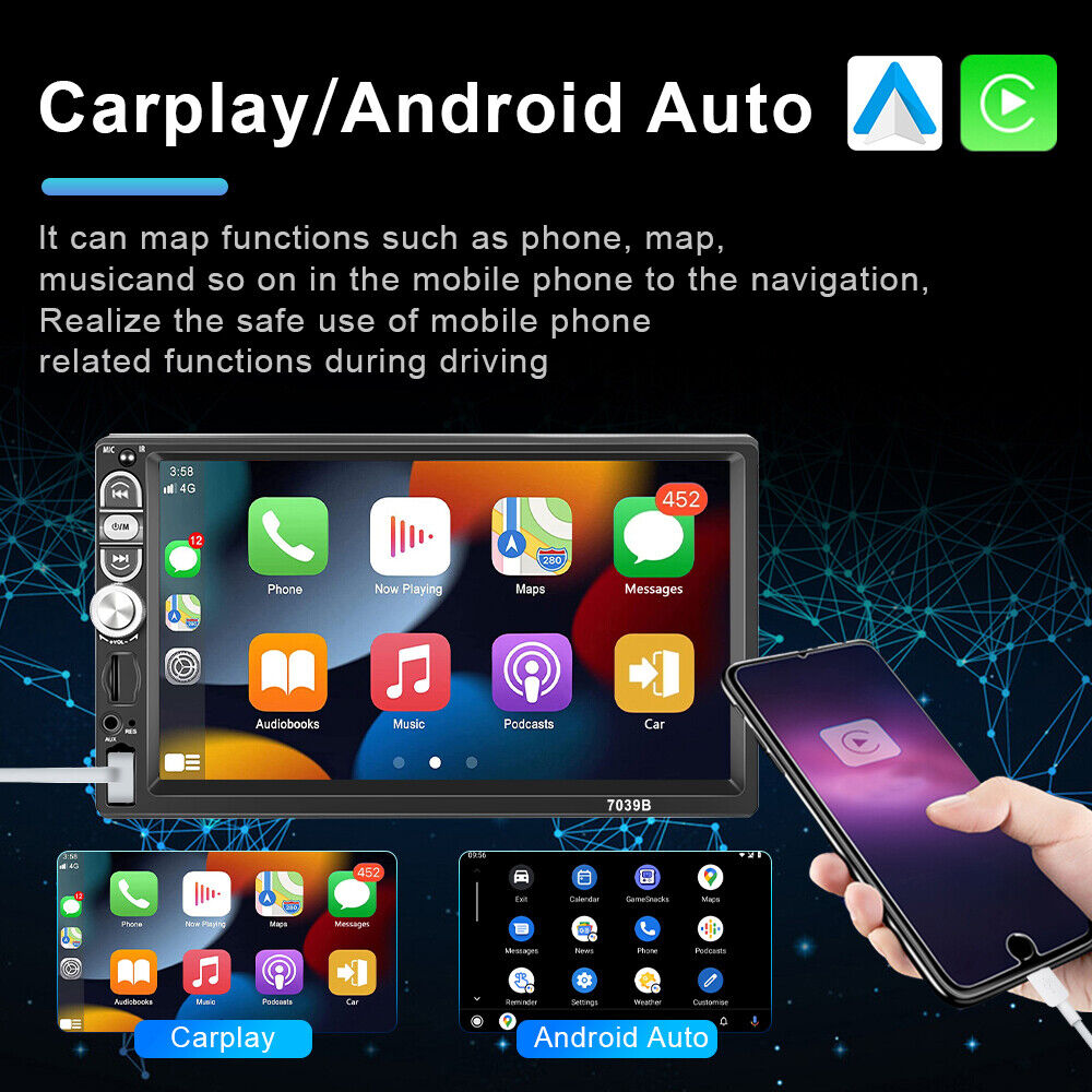 Rádio de automóvel 1DIN 7" Apple CarPlay/Android Auto FM Bluetooth USB touchscreen