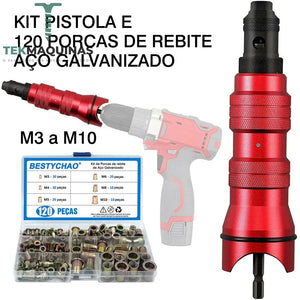 Pistola Rebitador Para Rebites Com Rosca Parafusadora / Furadeira Kit C/ Rebites Aço Galvanizado