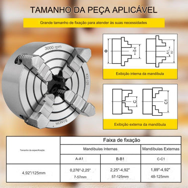 Mandril de Torno de 125mm com 4 Garras