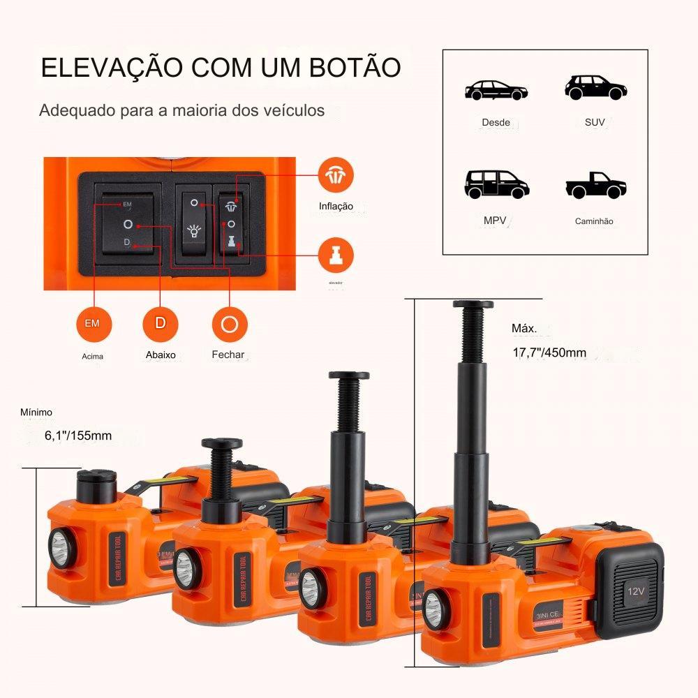 Macaco Hidráulico Elétrico  5T 12V - Chave de Impacto e Bomba de Ar