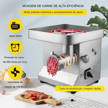 Triturador de Carne Elétrico em Aço Inoxidável 250kg/h 850W