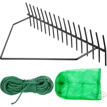 Lawnal Rake 81x18x61 cm, gramado -Hard Iron, cabeça dura com dentes duplos, aritmética a partir de uma construção de uma peça, ancinho com corda de 20 m e bolsa de energia, adequada para remover plantas aquáticas