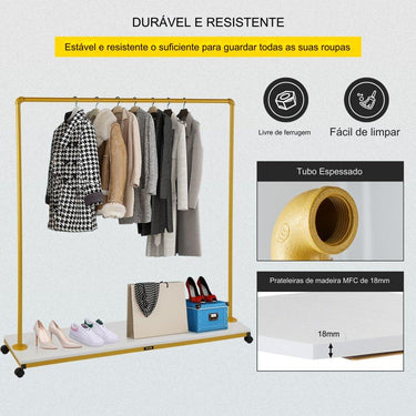 Suporte de roupas móvel  - 150x36x160cm dourado