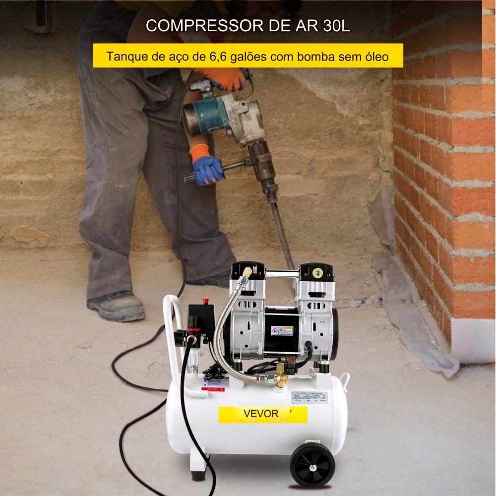 Compressor de Ar Silencioso  - 1100W 30L Sem Óleo