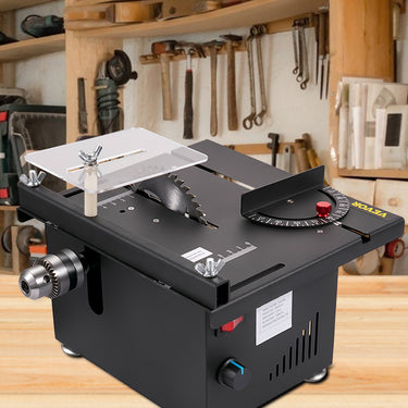 Mini serra de mesa 10000 rpm serra multifuncional 150 W, profundidade máxima de corte 33 mm, ângulo de corte 90 graus, controle de velocidade infinitamente variável, função de elevação da lâmina de serra, lâmina de serra 110 mm, 5,6 kg