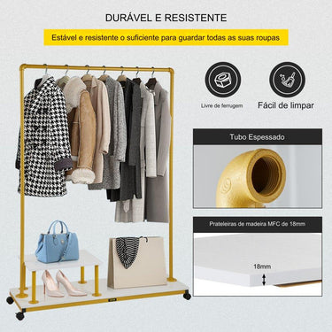 Suporte Roupas Móvel  - 120x36x160cm Dourado