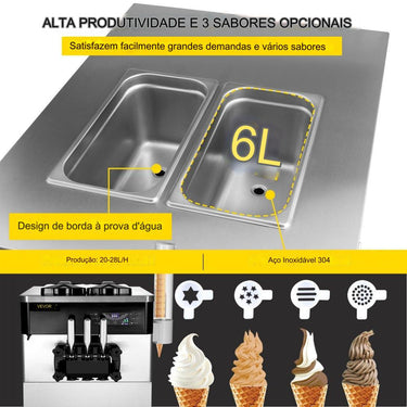 Máquina de Sorvete de Soft Serve Comercial (3 Sabores Suporte Externo de Cone)