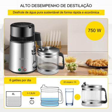 Destilador de Água 4L com Filtro Produção 1L/h
