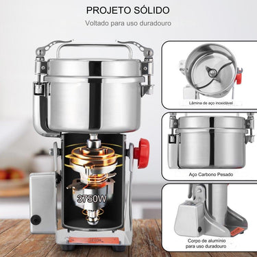 Moinho de Cereais Portátil 2500g: 3750W Aço Inoxidável