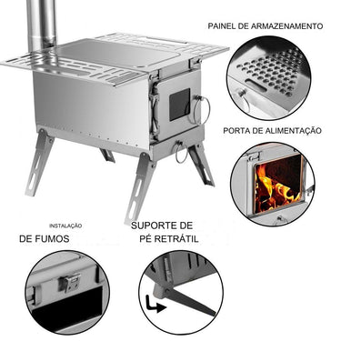 Fogão de Tenda em Aço Inoxidável - Portátil 46.5x38x36cm