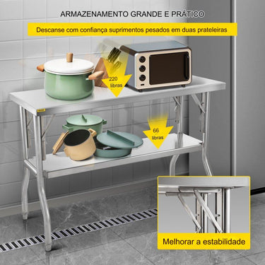 Mesa de Trabalho em Aço Inoxidável - 122x61cm Dobrável e Ajustável em Altura