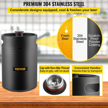 Mini Barril de Cerveja 5L em Aço Inoxidável